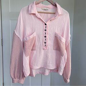 Freckled Poppy x POL Pink Gauze Long Sleeve Button Up with Waffle Sleeve Sz S